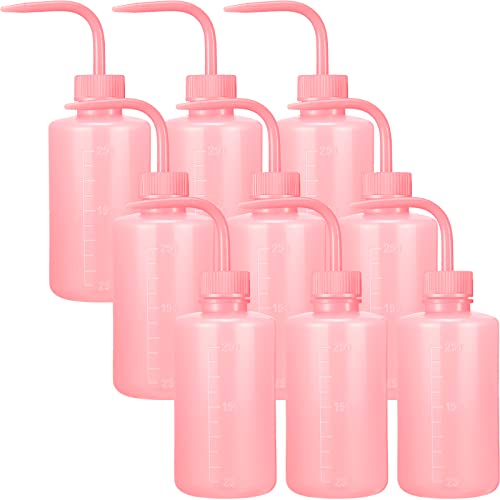 Nuogo 9 Pcs 250 ml Tattoo Wash Bottle Water Squirt Bottle Lab Squeeze Bottles Lash Water with Narrow Mouth Scale Labels Safety Rinse for Eyelash Extensions, Succulent Watering(Pink)