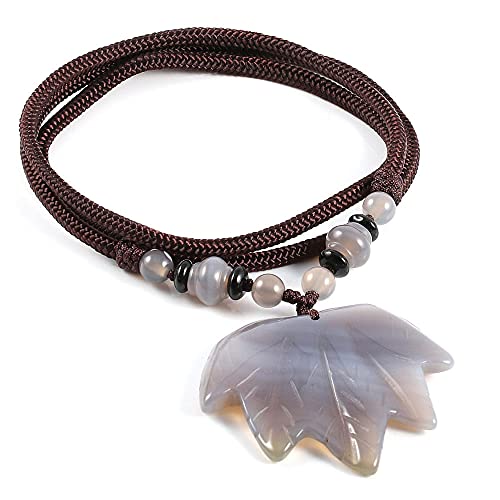Natural Stone Maple leaf Pendant Necklace Jewelry Pendant Necklace rope Chain adjustable size Jewelry for Women-grey agate