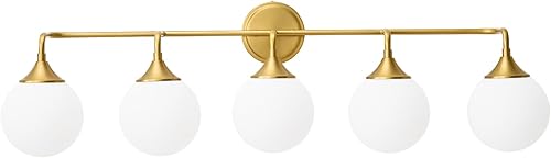 Miniatura 8 de Lámparas de baño doradas, modernas luces de tocador sobre el espejo, aplique de pared de latón cepillado, 5 luces con pantallas de bola de vidrio