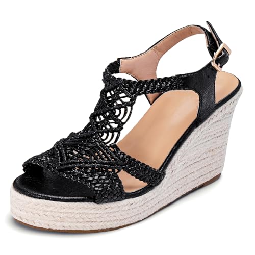 Image of Women's Woven Espadrille Wedge Sandals Bohemian Braided Open Toe Summer Shoes with Adjustable Strap 3.9 inch Platform Heel for Wide Feet, Comfortable Walking