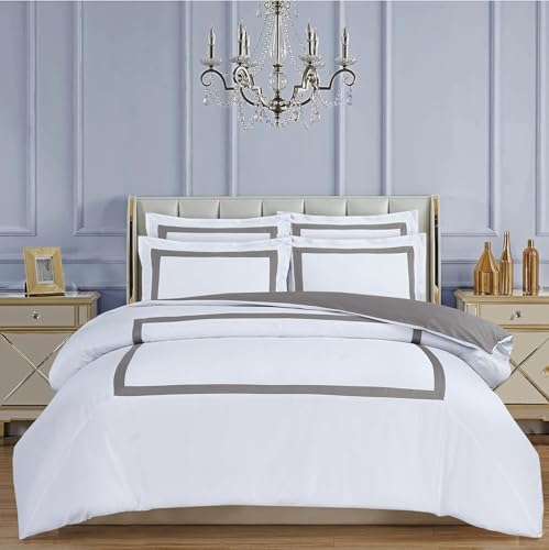 Majestic Giftware Madison Linen 4 Pcs Full Size Duvet Bedding Set (BL2-F-8-4pcs) Province Hotel Collection-White-Taupe Tape 400 TC Cotton Sateen | 1 Fitted Sheet, 1 Duvet, 2 Pillowcases