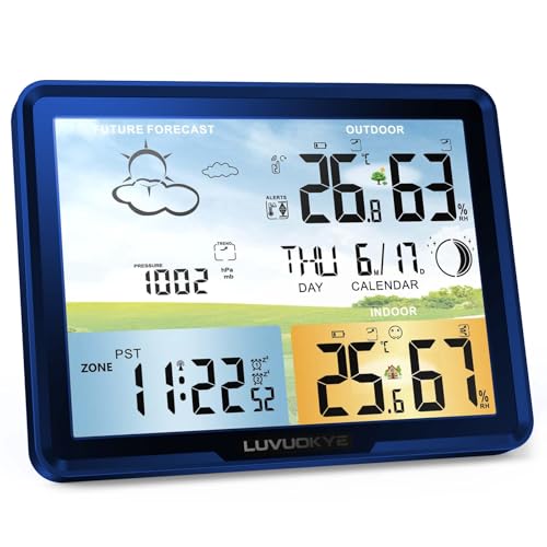Weather Station Wireless Indoor Outdoor Thermometer, Color Display Digital Thermometer Humidity Monitor with Atomic Clock, Forecast Station with Calendar and Adjustable Backlight for Home