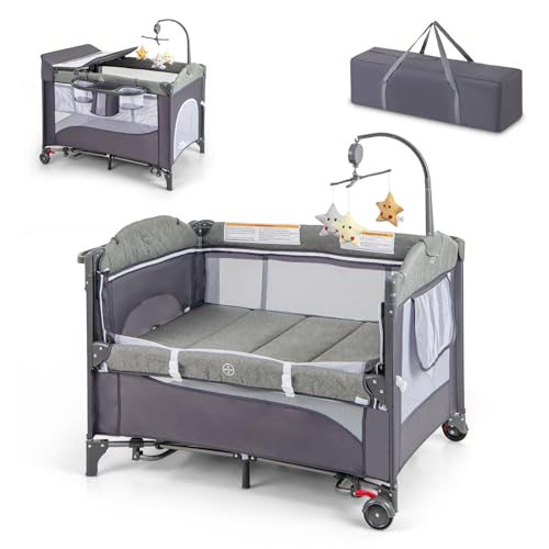 DREAMADE Reisebett mit Matratze, 5 in 1 Beistellbett Baby mit Rollen & Wickelauflage & Spieluhr, 110×76cm Babybett mit Tragetasche, Stubenwagen für Neugeborene & Baby (Grün)