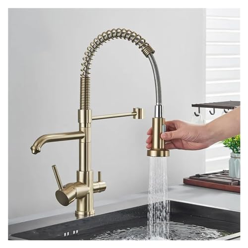 Robinet mitigeur eau filtrée cuisine or brossé double spray - 4