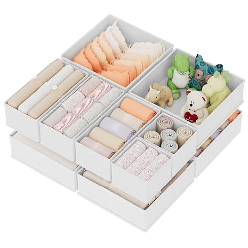 XIVIRACK 10 Pack Drawer Organizer for Clothes, Underwear Drawer Organizer Bins, Foldable Fabric Closet Storage Organizers, Drawer Dividers for Bras Undies Socks Ties, White