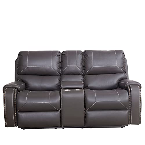 Lyuhome Reclining Loveseat Sofa Air Leather Living Room Furniture With Storage Console/Cup Holders Home Theater (Grey) #TOP10