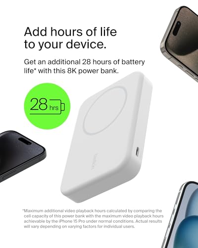 Belkin BoostCharge Pro Wireless Power Bank 8000mAh with Qi2, MagSafe Compatible Portable Charger + Built-in Pop-up Kickstand, For iPhone 17, iPhone Air, 16, 15, 14, Pixelsnap and More - White