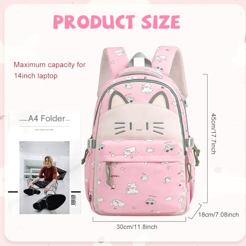 Image of PALAY School Bag for Girls Pink Nylon Backpack Cute Cat Waterproof Bookbag Kawaii Cartoon Printed Daypack Large Capacity Multi-pockets Bagpacker Bag for Primary, Elementary, Middle School