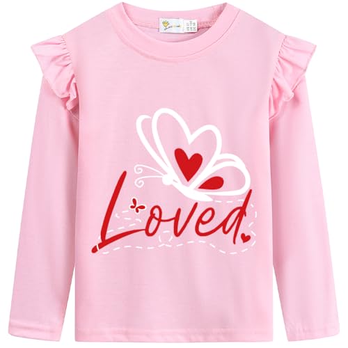 Image of Girls Valentine's T-Shirt Kids Loved Butterfly Tee Toddler Be Mine Heart Tops Love is Magic Ruffle Long Sleeves 2-7T