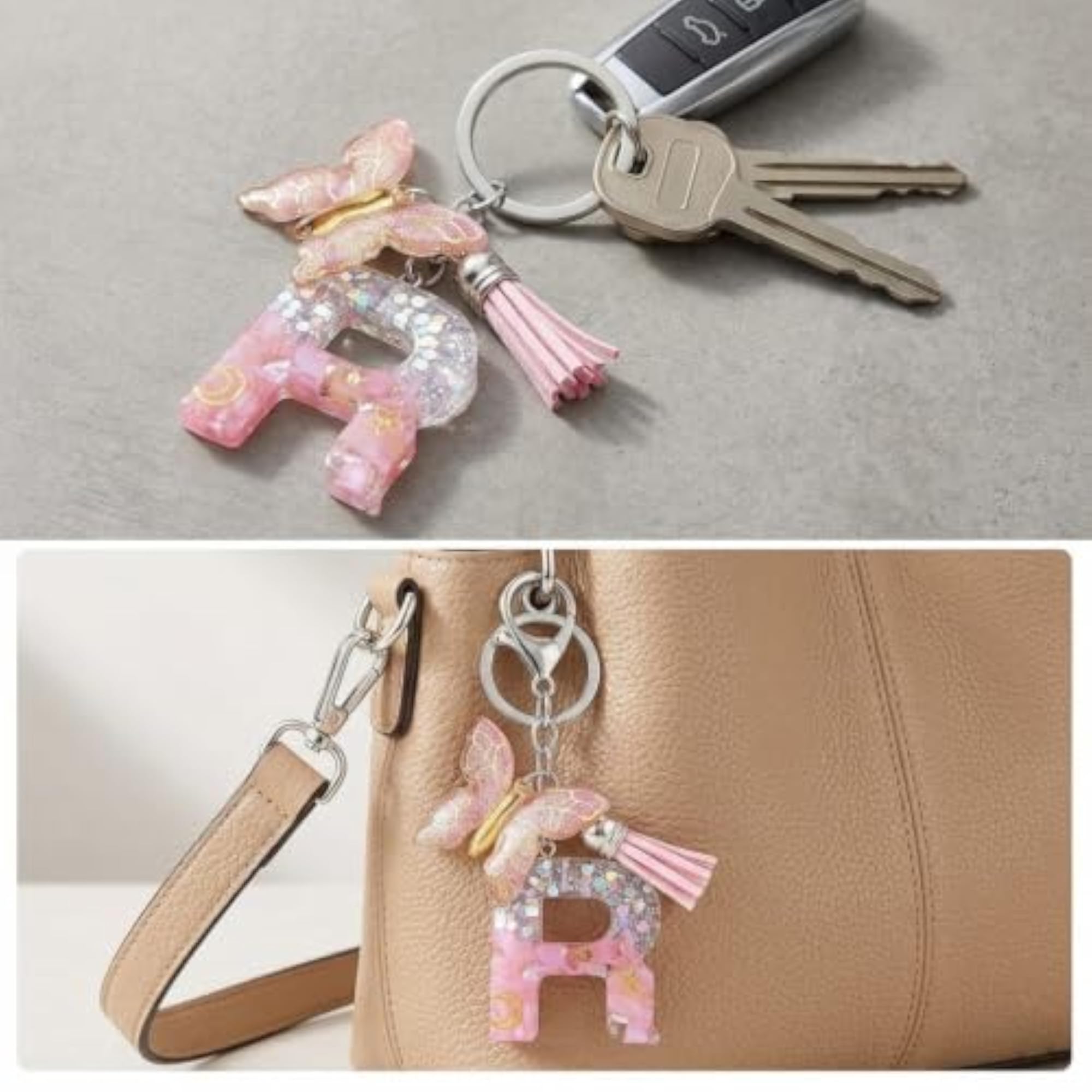 Personalized Initial Butterfly Resin Charm & Tassel Keychain for Letter 'R'