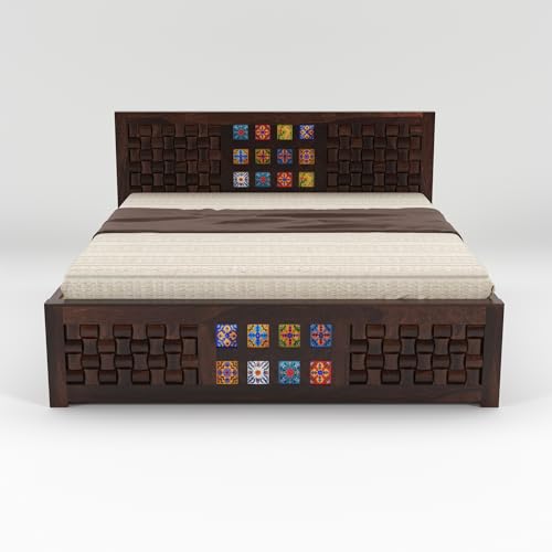 Image of Sheesham Wood King Size Bed with Storage Box | Wooden Box Bed King Size Double Cot Bed with Storage for Bedroom | Premium Niwar Tile Design Headboard Bed for Hotel, Home | Walnut Finish