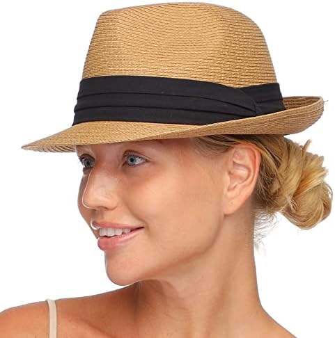 FURTALK Fedora Straw Sun Hat for Men Women Foldable Roll Up Short Brim Trilby Hat Panama Beach Hat UPF 50+ (Khaki, Medium)