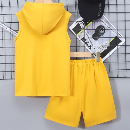 Image of Kids Boys Summer 2PCS Outfits Sleeveless Hooded Loose Casual Top Shirt and Elastic High Waist Sports Short Pant Set