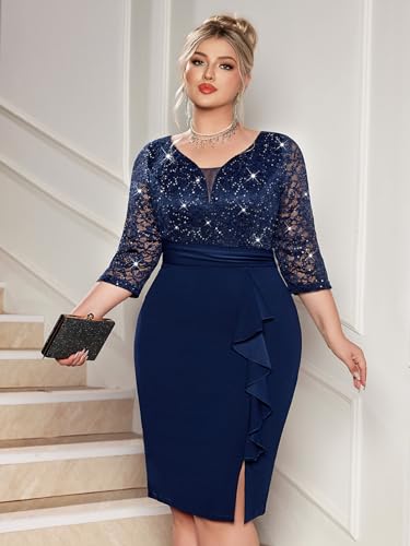 Image of MISSMAY Plus Size Lace Ruffle Cocktail Party Dress | Sequined Dress,V Neck,Ruffle Split Hem,Party Dress,Sparkle,Curvy Women,Bodycon Dress