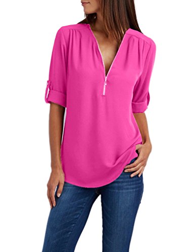 Telamee Lady's Fuschia Chiffon Party Tanks Dress Summer Top Blouses Casual Shirt