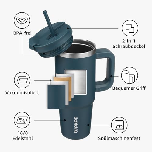 BJPKPK 900 ml Isolierter Edelstahl-Becher mit Griff Deckel und Strohhalm – Ansicht 4