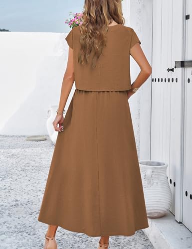 Image of HangNiFang Summer Skirt Sets Women 2 Piece Outfits Cap Sleeve Top Elastic Waist Maxi Dress Sets with Pockets