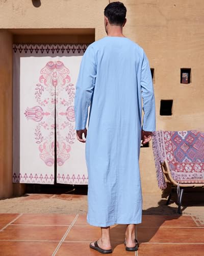 YAOHUOLE Men Casual Kaftan Thobe, Long Sleeve Men Thobe with Pocket Bleu M – vue 4