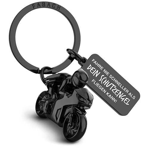 FABACH Motorrad Schlüsselanhänger mit Schutzengel und Gravur - Fahr vorsichtig Geschenk Engel Schlüsselanhänger für Motorradfahrer - Geschenke Motorrad Glücksbringer Motorradführerschein