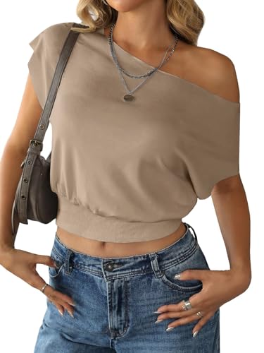 Image of SOFIA'S CHOICE Women's One Shoulder Crop Cinched Waist Top Dolman Short Sleeve Crop Tops Khaki X-Large