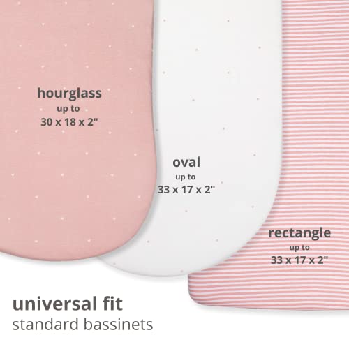 Poppi & Max 100% Organic Cotton Bassinet Sheet-3 Set | Bassinet Sheets For Baby Girl | Ultra Soft Jersey Knit, Fitted Baby Sheets For Universal Shaped Standard Bassinets | Pink Rose Heart Dot Stripe #TOP1