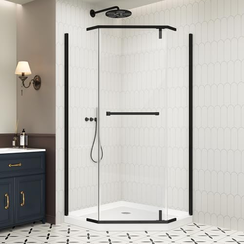 EASYWORC Porte de douche sans cadre néo-angle, 91,4 x 91,4 x 182,9 cm (P x l x H), verre trempé ANSI de 6,35 mm avec revêtement nano anti-explosion,...