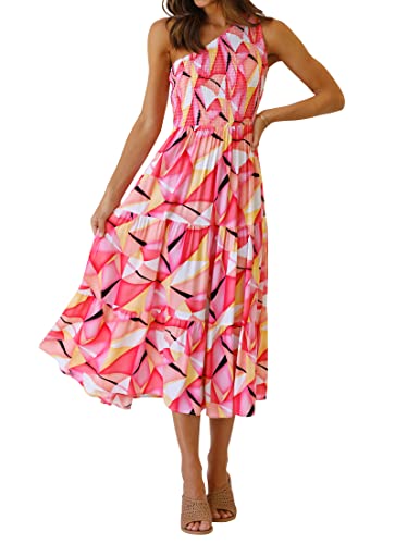 Image of ZESICA Women's 2026 Bohemian Summer Floral Print One Shoulder Sleeveless Smocked Ruffle Tiered Beach Long Midi Dress