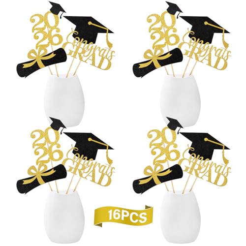 Image of Graduation Decorations 2026, 16PCS Graduation Centerpieces for Tables, Class of 2026 Graduation Party Decorations, Gold and Black Grad Party Decors Table Toppers Sticks