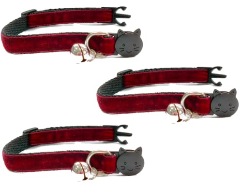 Velvet Cat Collars with Bell. Safe Breakaway Quick Release Buckle. Available in Cat & Kitten Size (Pack of 3) (Cat Collar (20cm