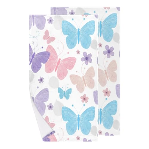 Chintiz Handtücher 2er Set - Bunte Fingerabdruck Schmetterlinge Hochsaugfähig Weiches Gesicht Badetuch Duschtuch für Badezimmer Küche Wohnheim Bauernhaus Hotel Spa Gäste Tee