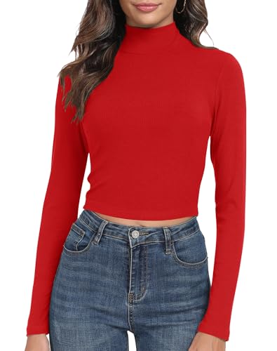 Artfish Women's Basic Mock Neck Slim Fitted Workout Rib Knit