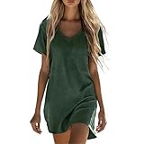 RLEHJN Sommerkleid Damen Midi,Baumwolle Leinen Kleid Kurzarm Saum Taille Freizeitkleid V Ausschnitt Sommerkleid Damen Leicht und Luftig Casual Strandkleid Einfarbig Midikleid Tshirt Kleid S 5XL