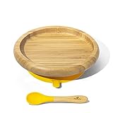 Avanchy Baby Toddler Feeding Suction Plate + Soft Tip Spoon Babies Set | Classic Bamboo Stay Put Weaning Plates | BPA Free | Baby Shower Gift | Fits Most Eating Highchairs | 7.75 × 7.5 2.25