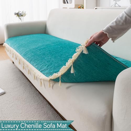Image of HOKIPO 'Serenity Tassel' Chenille 3 Seater Sofa Cover with Tassel - Ocean Teal (IN-892-SBL)