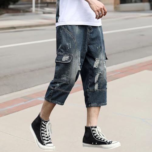 Short cargo 3/4 homme denim déchiré vieilli coupe baggy ample
