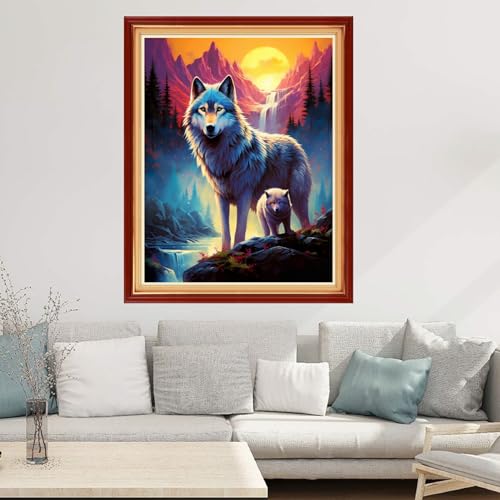 Image of Joyhoor Cross Stitch Kits for Beginners Stamped Cross-Stitch Supplies Needlework preprint Embroidery Kits for Adults DIY Needlepoint Kits Embroidery Patterns 11CT-Sunrise Wolf 16x20 inchs