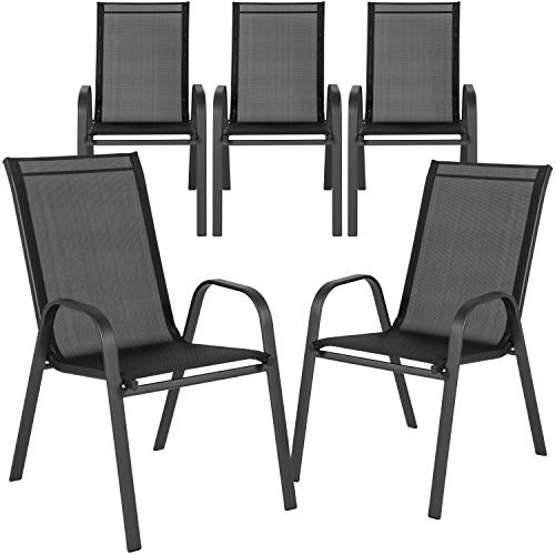 Flash Furniture 5 Pack Brazos Series Black Outdoor Stack Chair With Flex Comfort Material And Metal Frame #TOP2