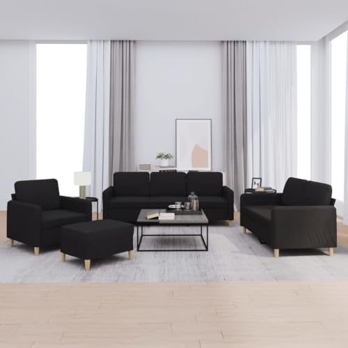 vidaXL Sofagarnitur 4-TLG., Sessel Couch mit Kissen Fußhocker, Sofa Wohnzimmersofa mit Armlehnen, Couchgarnitur Designsofa Sitzmöbel Polstermöbel, Schwarz Stoff – Bild 3