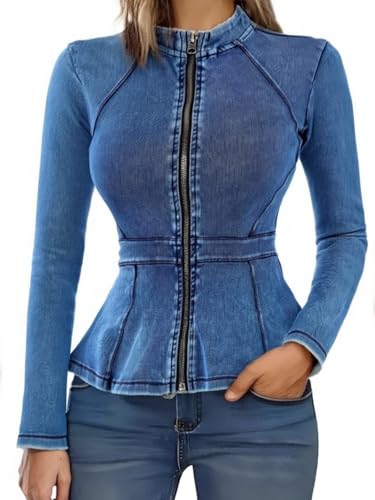 Casual Denim Peplum Jacket for Women Long Sleeve Zip Front Athletic Workout Ruffle Blazer Coats