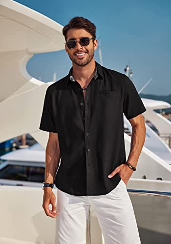 Coofandy Men's Vacation Shirts Casual Button Down Shirts Short Sleeve Beach Linen Shirts Black #TOP1