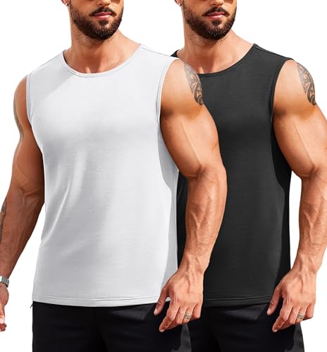 COOFANDY Men's Quick Dry Sleeveless Tshirt Sport Gym Summer Vest Casual Training Running Tank Top Black/White XXL