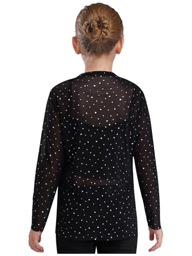YEAHDOR Kids Girls Glittery Sheer Mesh Tops Long Sleeve Shiny Rhinestones Tee Shirts Blouses Dance Tops4