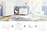 4-teiliges Babyzimmer mit Kinderbett, Wickelkommode, 6-türigem Schrank und Wandregal. Maße: Bett L 148 x B 76 x H 82 cm, Kommode B 140 x T 78 bzw. 57 x H 98 cm, Schrank B 167 cm x T 57 cm x H 182 cm, Wandregal: B 91 x T 15 x H 40 cm