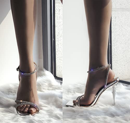 Lishan Rhinestone Heel For Women Clear Gladiator Strappy Heel Sandals Square Toe Ankle Strap Up Glitter High Heel For Dress Evening Party Shoes Silver Size10 #TOP2