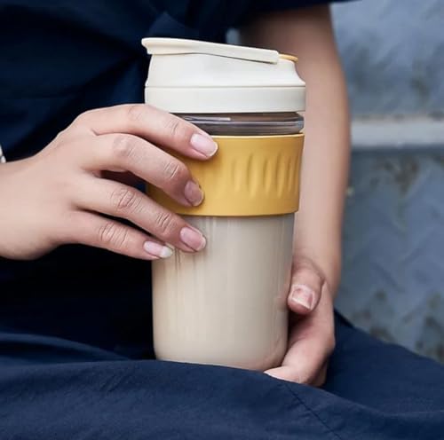 Image of Dual Shaker Glass Mug with Lid and Straw Coffee Tumbler Mug Anti-Slip Silicone Band,Leak-Proof Travel Cup Sipper Bottle for Hot & Cold Drinks - (Multi Color, 500ml)