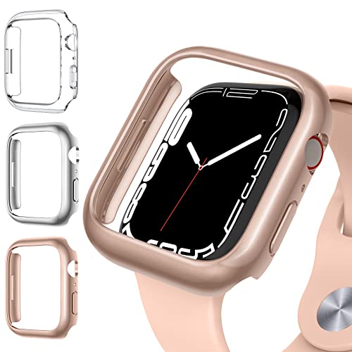 [3 Pcs] Goton for Apple Watch Series 7 Bumper Case 45mm iWatch Accessories, [No Screen Protector] Shockproof Hard PC Edge Protector Cover for Men Women Clear+Silver+Rose Gold