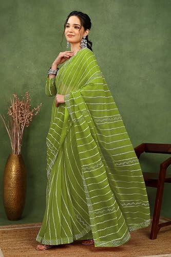 Image of MIRCHI FASHION Saree for Woman Georgette Solid with Satin Stripes | Stone Border Farewell and Ceremonial Sari with Blouse Piece