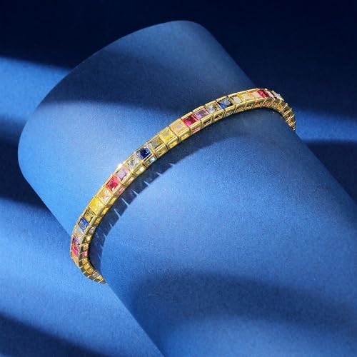 Gemsme 2 * 2/2.5 * 5/3 * 3/3/4/5mm Colored Cubic Zirconia Tennis Bracelet for Women-18K White/Yellow Gold Plated Cubic Zirconia Rainbow Tennis Link Bracelet 6-8.5 Inches3
