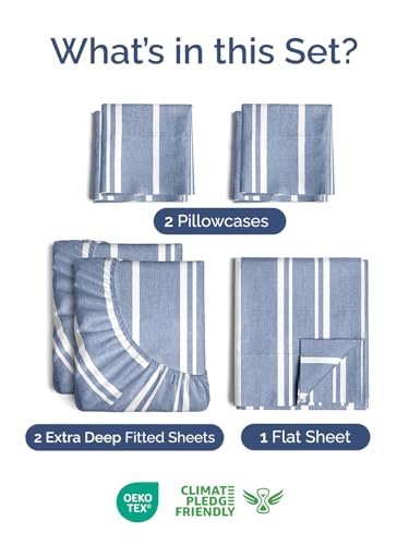 Image of Extra Deep Split King Sheet Set - 7 Piece Cooling Bed Sheets - Blue Stripes | Hotel Luxury Bed Sheets Set, Easy & Secure Fit, Ultra-Soft, Wrinkle & Fade Free, Comfy Sheets Set with Extra Deep Pockets