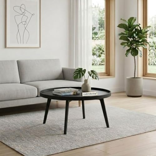 Image of Mango Solid Wood Coffee Table - Round Centre Table with- Mango Ideal Tea Table for Living Rooms C#045 (Matt Black)